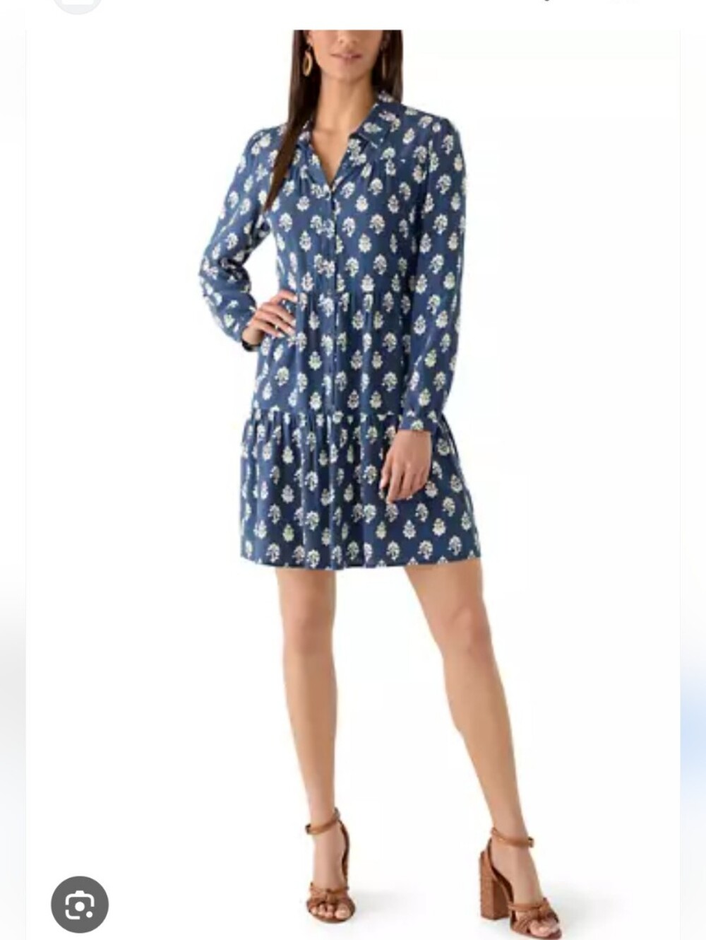 Lucky Brand Dress Womens M Floral Mini Ruffle Blue Ivory Boho Long Sleeves